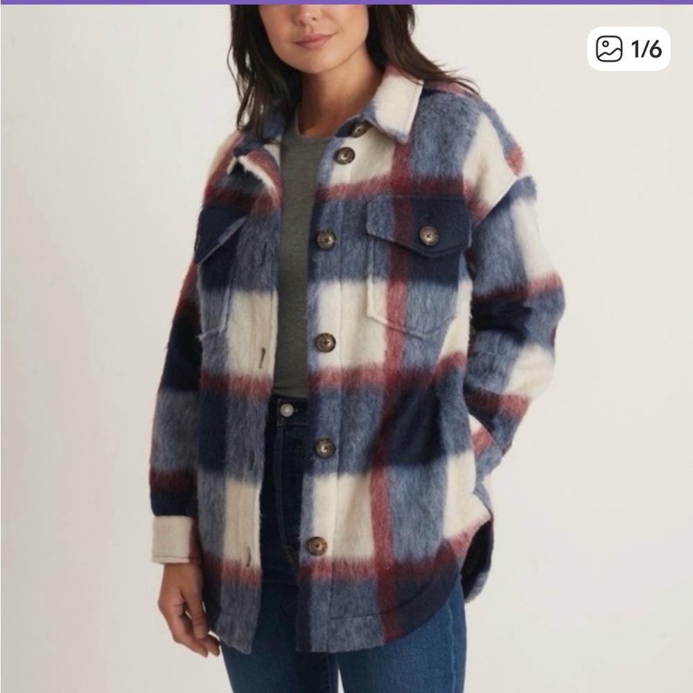 Marine Layer Fuzzy Plaid Shacket Bailey Shirt Jacket Oversize Red and Blue Sz Sm